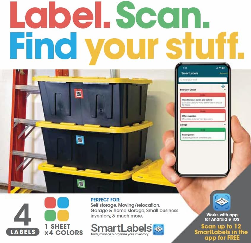 Smart Labels QR Code Stickers with AI Photo Analysis App - Auto-Creates Item Descriptions - No Typing - Made in USA - QR Code Labels for Storage & Inventory Tracking, Organization & Moving, Pack of 48