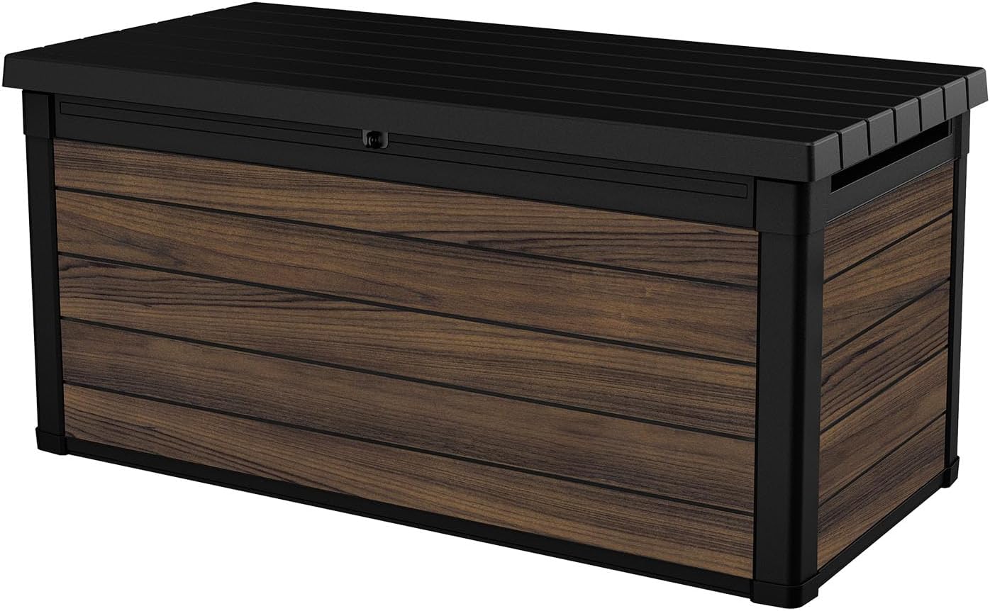 Keter Signature Everwood 30 Gallon Resin Outdoor Storage Box and Patio Furniture Side Table for Pool and Garden Accessories, Walnut