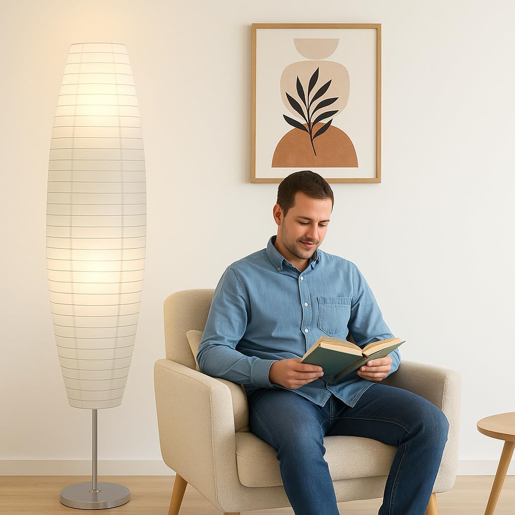 LIGHTACCENTS 50” Rice Paper Standing Lamp – Modern Japanese Floor Lamp with Chrome Base, White Shade, Foot Pedal Switch – Floor Lamps for Living Room, Bedroom, or Meditation Space