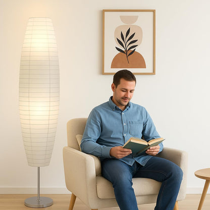 LIGHTACCENTS 50” Rice Paper Standing Lamp – Modern Japanese Floor Lamp with Chrome Base, White Shade, Foot Pedal Switch – Floor Lamps for Living Room, Bedroom, or Meditation Space