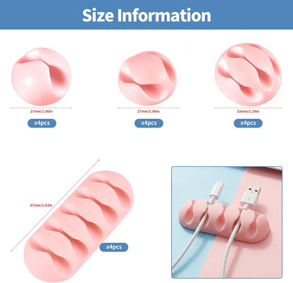 16Pcs Pink Silicone Cable Clips for iPhone Charger, USB, Computer Cables, Waltool Self-adhesive Desk Wire Management Cord Organizer Clips Keeper for Nightstand, Wall, Office, Home, Car