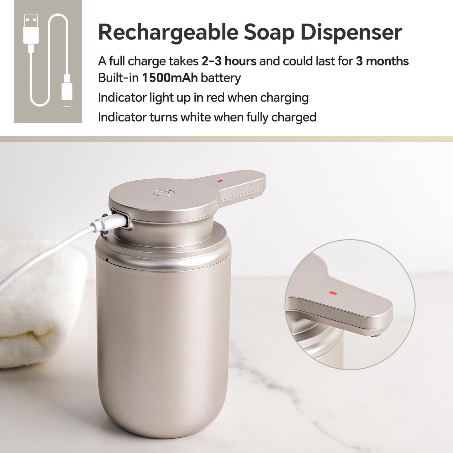 LAOPAO Automatic Soap Dispenser, Foaming Hand Soap Dispenser for Bathroom Kitchen ABS Rechargeable Touchless Hand Soap Pump 10oz, Xmas Gift, Light Silver Plastic