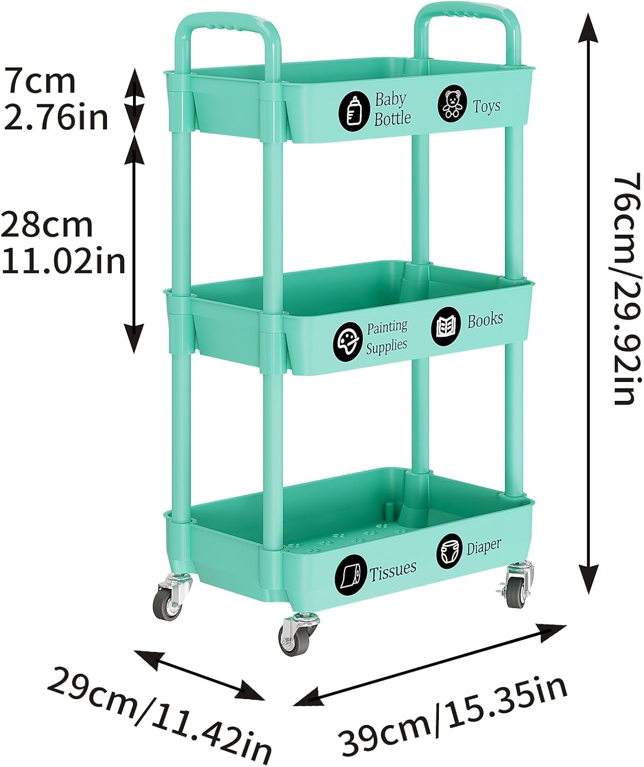 Laiensia 3-Tier Rolling Cart with Wheels,Multifunction Utility Storage Carts, Kitchen Storage Organizer,Mobile Shelving Unit for Bathroom,Laundry,with Classified Stickers,White