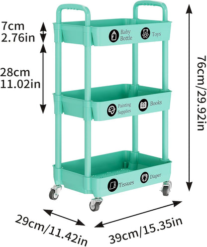 Laiensia 3-Tier Rolling Cart with Wheels,Multifunction Utility Storage Carts, Kitchen Storage Organizer,Mobile Shelving Unit for Bathroom,Laundry,with Classified Stickers,White