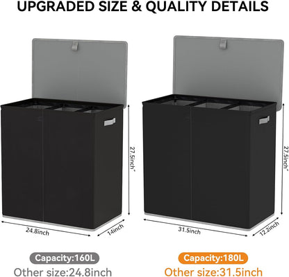 WOWLIVE Laundry Hamper with Lid,160L Large Laundry Basket 3 Section with Removable Washing Bags,Collapsible Waterproof Dirty Clothes Hamper for Laundry Room Bathroom Dorm,Beige