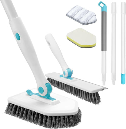 nacena Shower Scrubber with Long Handle, 3 in 1 Tile Tub Scrubber Brush with 3 Detachable Cleaning Heads Adjustable Handle Shower Cleaner Brush for Bathroom, Kitchen, Toilet, Wall, Sink, Blue White