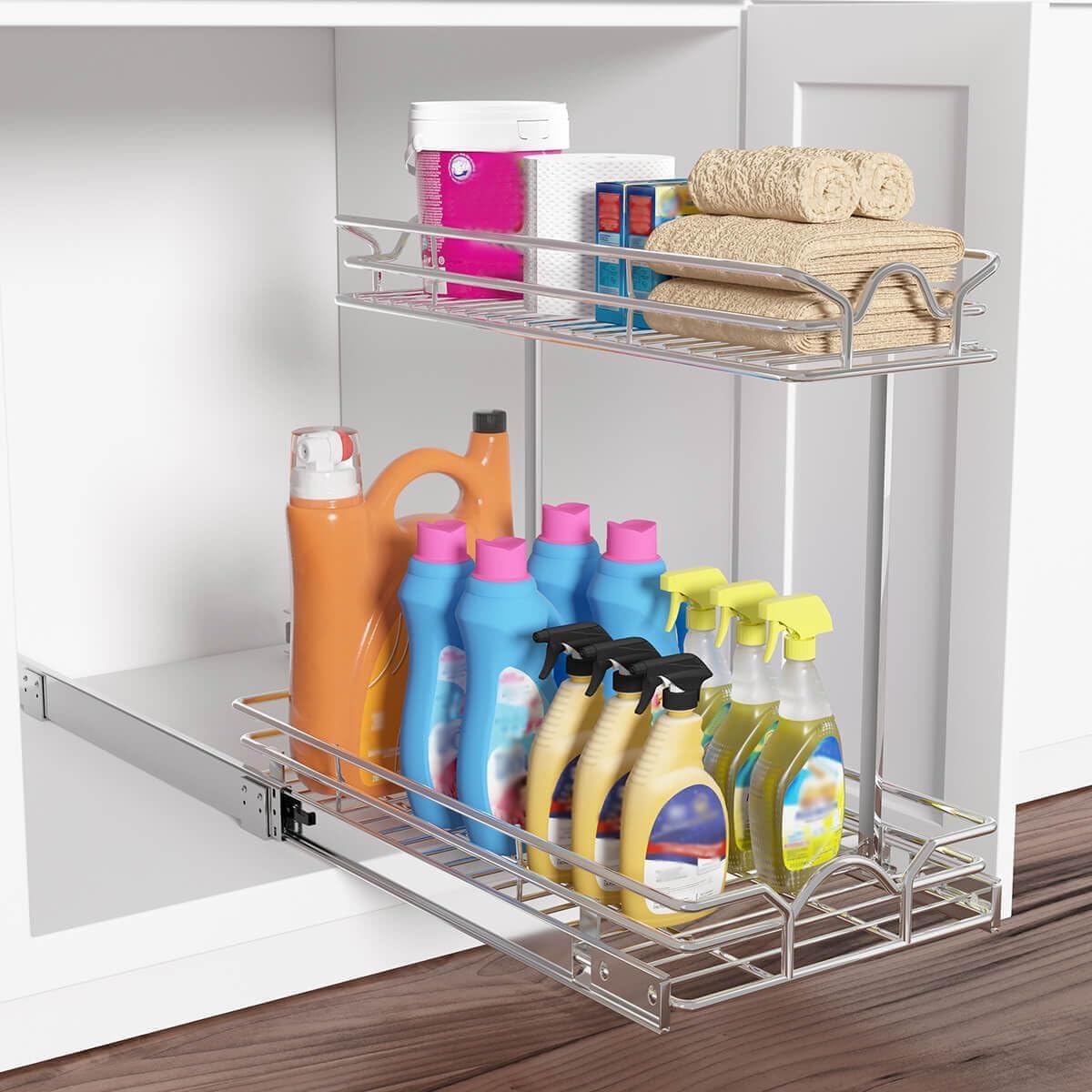 OCG Under Sink Cabinet Organizer Two Tier Pull Out Shelf (14.75W x 21D), Under Sink Sliding Shelf for Kitchen Bathroom Cabinet 2 Tier Chrome