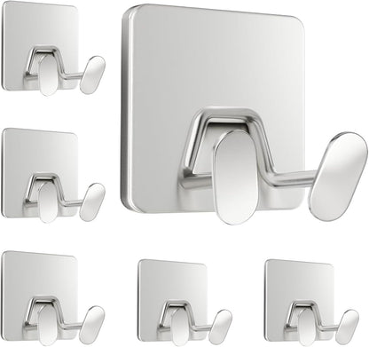 susswiff Shower Hooks for Inside Shower - Extra Sticky Stainless, Razor Holder Accessories, Wall Mounted Self-Adhesive Double Hooks for Razor, Loofah, Towel, Shaver, Coat, Key, Silver 6 Pack