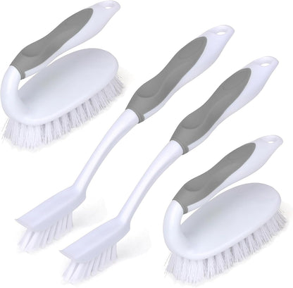 Scrub Brush Set, 4 Pack Deep Cleaning Brush Kit - 2 Scrub Brush, 2 Tile & Grout Brush with Built-in Scraper, Household Commercial Scrubber for Floor, Shower, Pool Wall, Tub (Green)