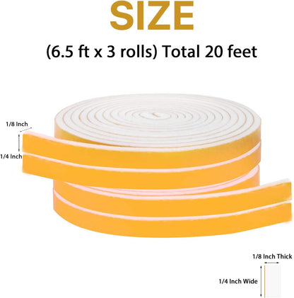 Door Weather Stripping-3 Rolls, 1/2 Inch Wide X 1/2 Inch Thick Total 20 Feet Long, Adhesive Foam Seal Tape for Window Insulation(6.5ft x 3 Rolls)