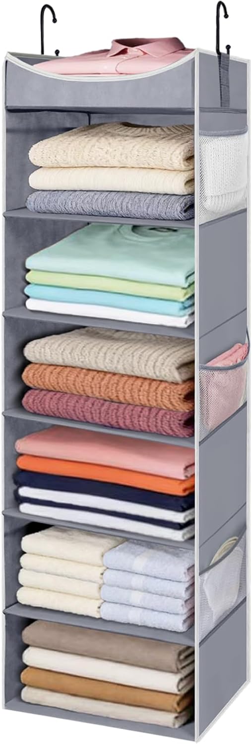 4-Shelf Hanging Closet Organizer and Storage with 4 Side Pockets, Collapsible Closet Hanging Shelves for Storage, Grey