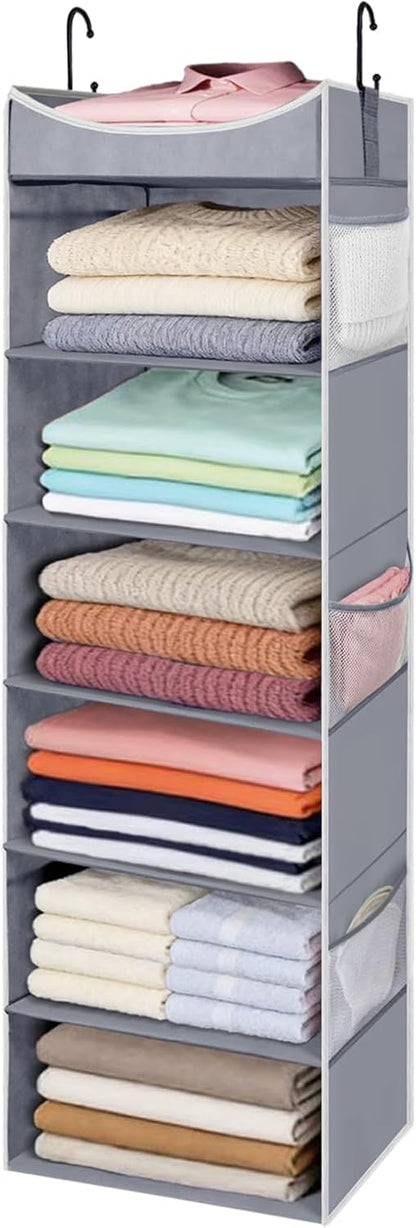 4-Shelf Hanging Closet Organizer and Storage with 4 Side Pockets, Collapsible Closet Hanging Shelves for Storage, Grey