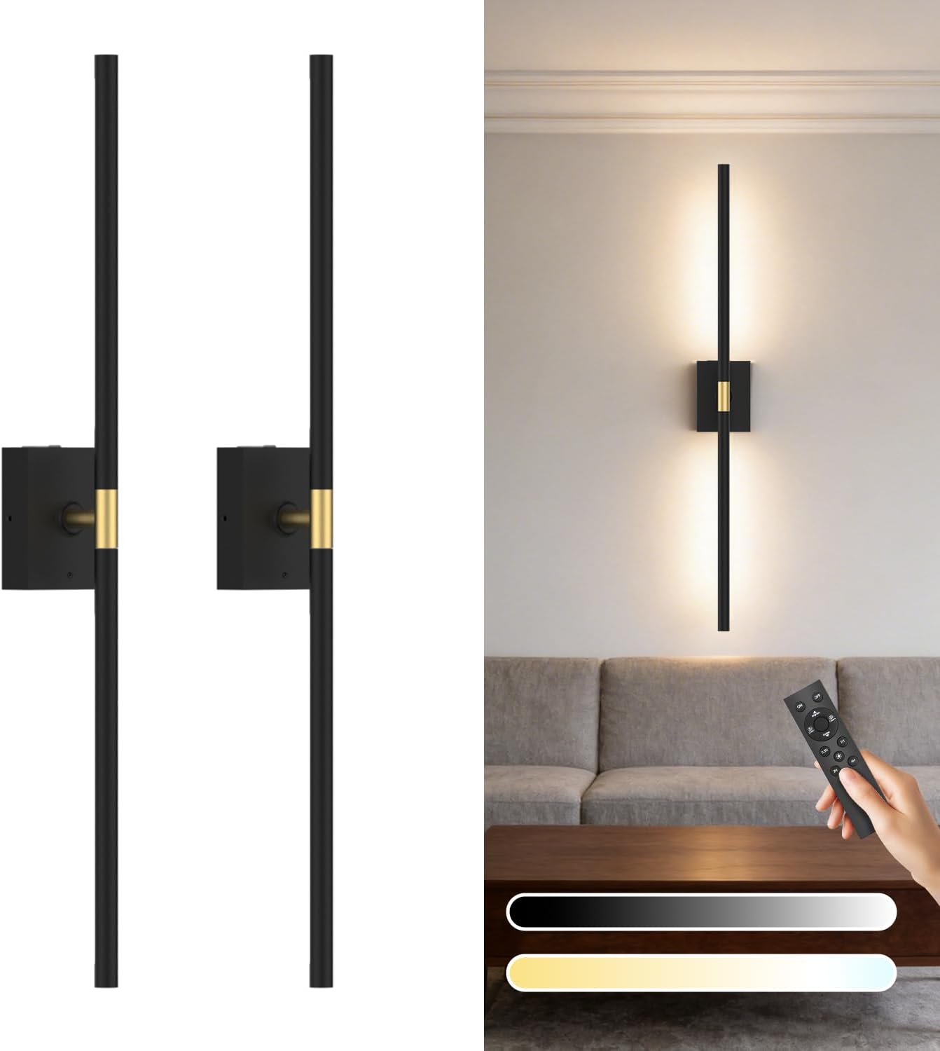 Battery Operated Wall Sconce Set of Two - 10000mAh Cordless Rechargeable Wall Sconces with Remote & Touch Control, 360°Rotate, 4CCT Dimmable Gold Wall Lights for Bedroom Living Room, 31.5 inch
