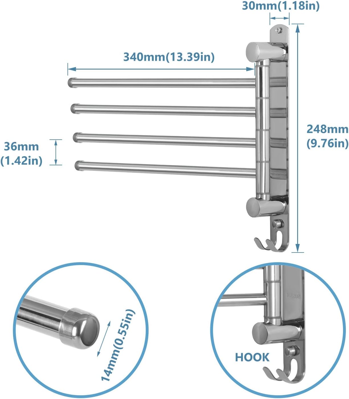 Towel Rack Wall Mounted JSVER Bathroom Towel Rack, Space Saving Towel Holder, 13.4 Inches Swivel SUS304 Stainless Steel Towel Bar, 180° Rotation 6 Arms Towel Racks for Bathroom