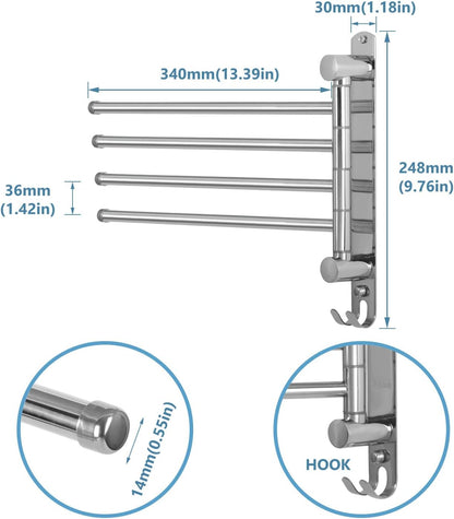 Towel Rack Wall Mounted JSVER Bathroom Towel Rack, Space Saving Towel Holder, 13.4 Inches Swivel SUS304 Stainless Steel Towel Bar, 180° Rotation 6 Arms Towel Racks for Bathroom