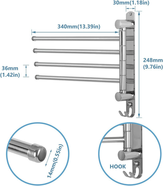 Towel Rack Wall Mounted JSVER Bathroom Towel Rack, Space Saving Towel Holder, 13.4 Inches Swivel SUS304 Stainless Steel Towel Bar, 180° Rotation 6 Arms Towel Racks for Bathroom