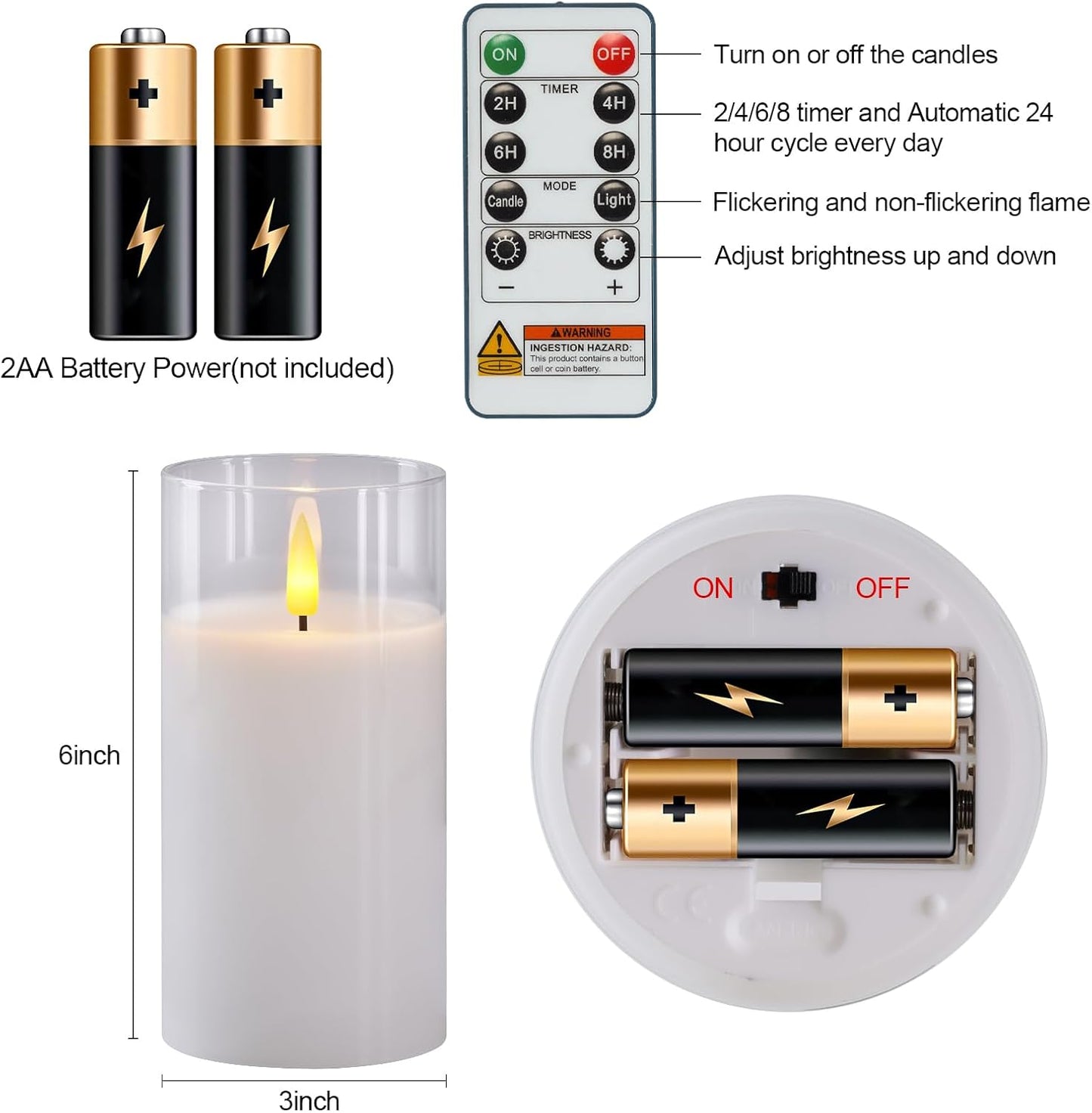 5plots Glass Battery Operated White Flameless Candles with Remote Timer, 3D Wick Real Wax Pillar Led Candles Warm Flickering Light for Indoor Home, Halloween, Christmas Decor, Set of 3, D3 x H4 5" 6"
