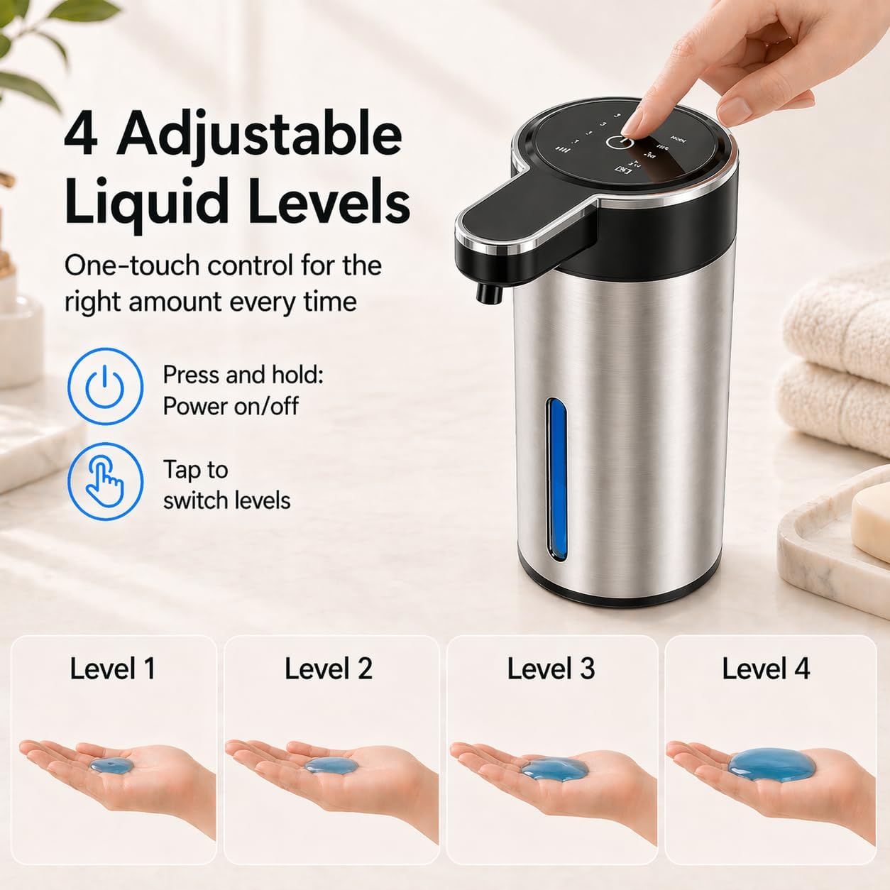 Automatic Foaming Soap Dispenser Touchless, 304 Stainless Steel Hand Soap Dispenser, USB Rechargeable, 4 Adjustable Levels, 13.5 oz (400 ml), for Kitchen & Bathroom (Black, Foam)