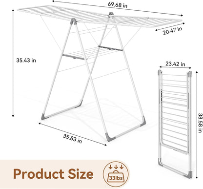 APEXCHASER Clothes Drying Rack, Foldable Drying Rack Clothing, Sturdy Metal Laundry Drying Rack, Height-Adjustable Gullwing, Easy to Fold, Space-Saving, for Indoor Outdoor, White
