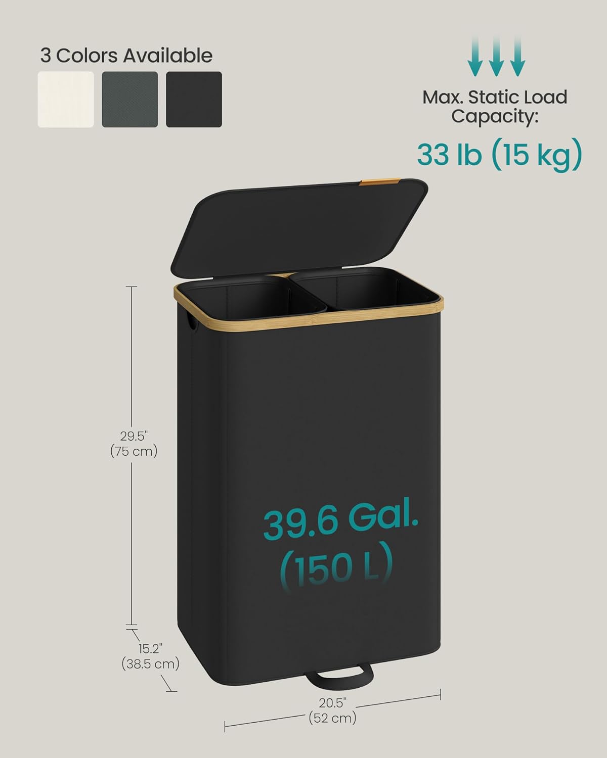 SONGMICS Laundry Hamper, Laundry Sorter with Lid, Storage Basket Bin, Removable Liners, Bamboo Frame, for Bedroom, 3 Sections, 44.9 Gal. (170 L), Ink Black ULCB533BH01