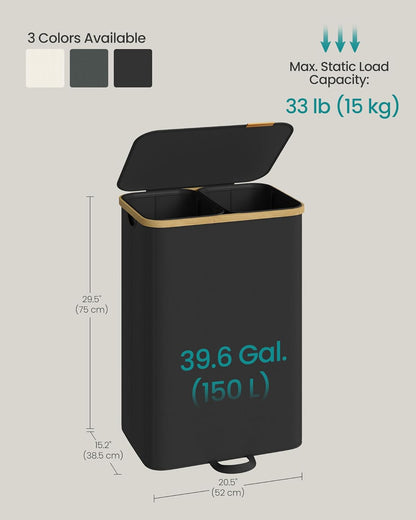 SONGMICS Laundry Hamper, Laundry Sorter with Lid, Storage Basket Bin, Removable Liners, Bamboo Frame, for Bedroom, 3 Sections, 44.9 Gal. (170 L), Ink Black ULCB533BH01