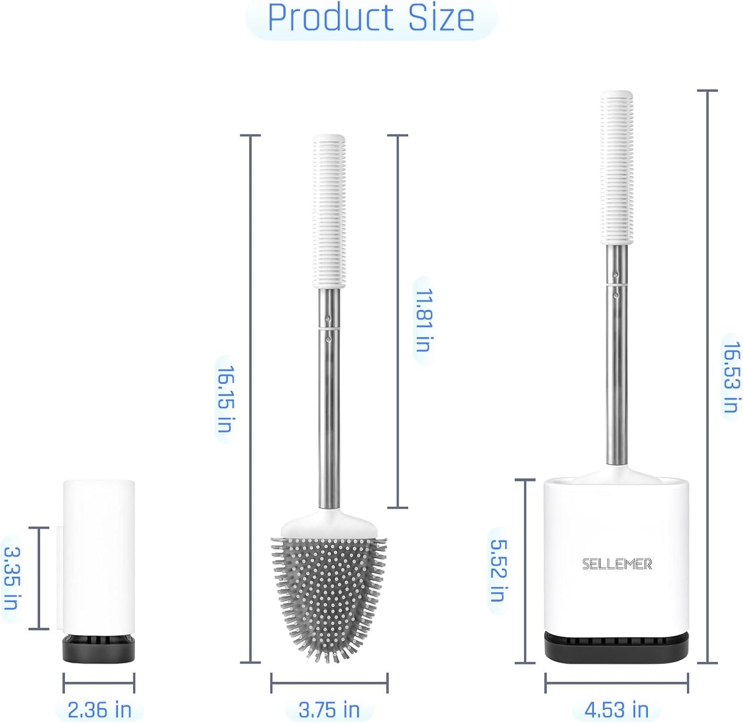 Sellemer Toilet Brush and Holder Set - Flexible Toilet Bowl Brush Head with Silicone Bristles, Compact Size for Storage and Organization, Ventilation Slots Base (1 Pack, Silver)
