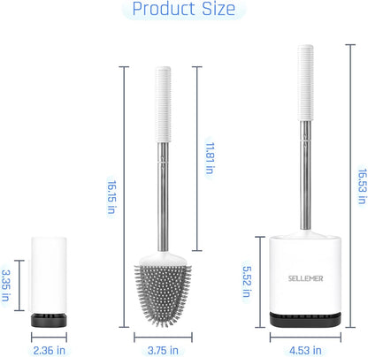 Sellemer Toilet Brush and Holder Set - Flexible Toilet Bowl Brush Head with Silicone Bristles, Compact Size for Storage and Organization, Ventilation Slots Base (1 Pack, Silver)
