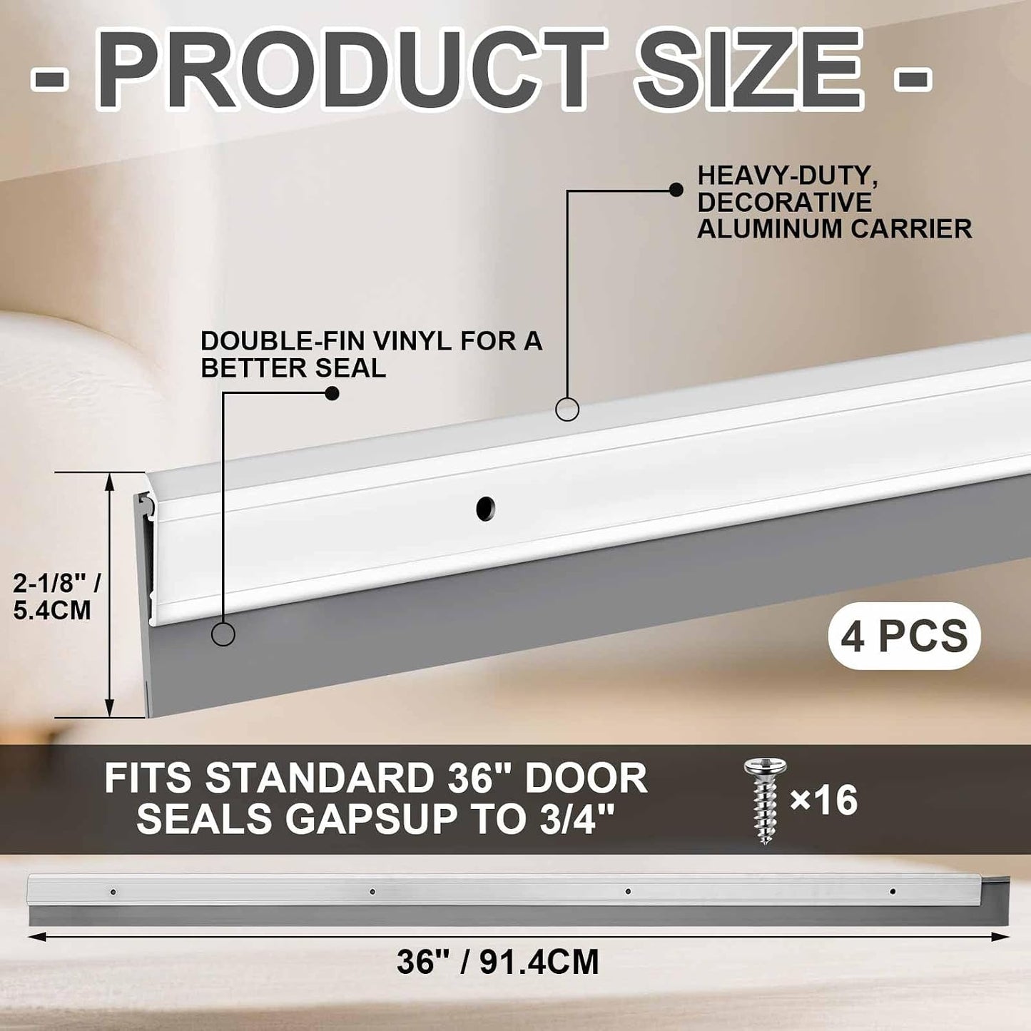FoldTier 4 Pcs Slotted Door Sweep for Bottom of Door Exterior and Interior, 2-1/8 x 36 Inch, Aluminum Threshold Seal with Flexible Split Rubber, Weather Stripping Draft Dust Noise Stopper