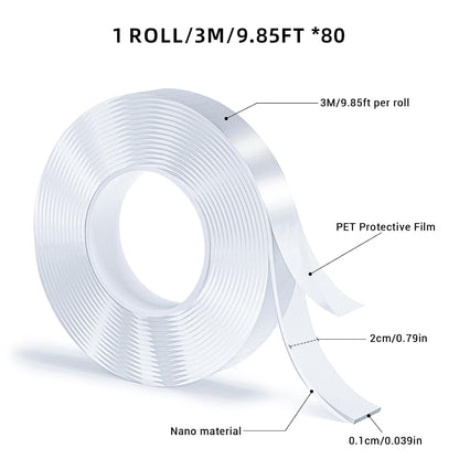3 Rolls Double Sided Tape, Nano Tape, Transparent Adhesive Tape, Traceless Adhesive Tape, Removable, Washable, Reusable, Suitable for Carpets, Photo Walls, 9.85 Feet Per Roll