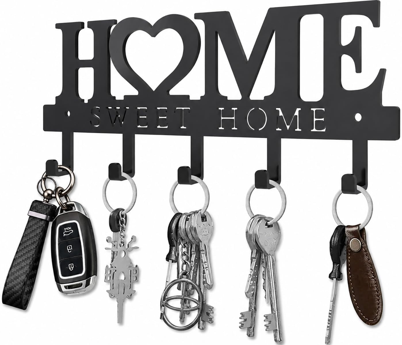 Key Holder Hooks Organizer Hanger Rack Wall Mounted Sweet Home Metal Decor Stylish and Practical for Entryway Front Door Kitchen Hallway Garage Mudroom Office Hardware Included Black