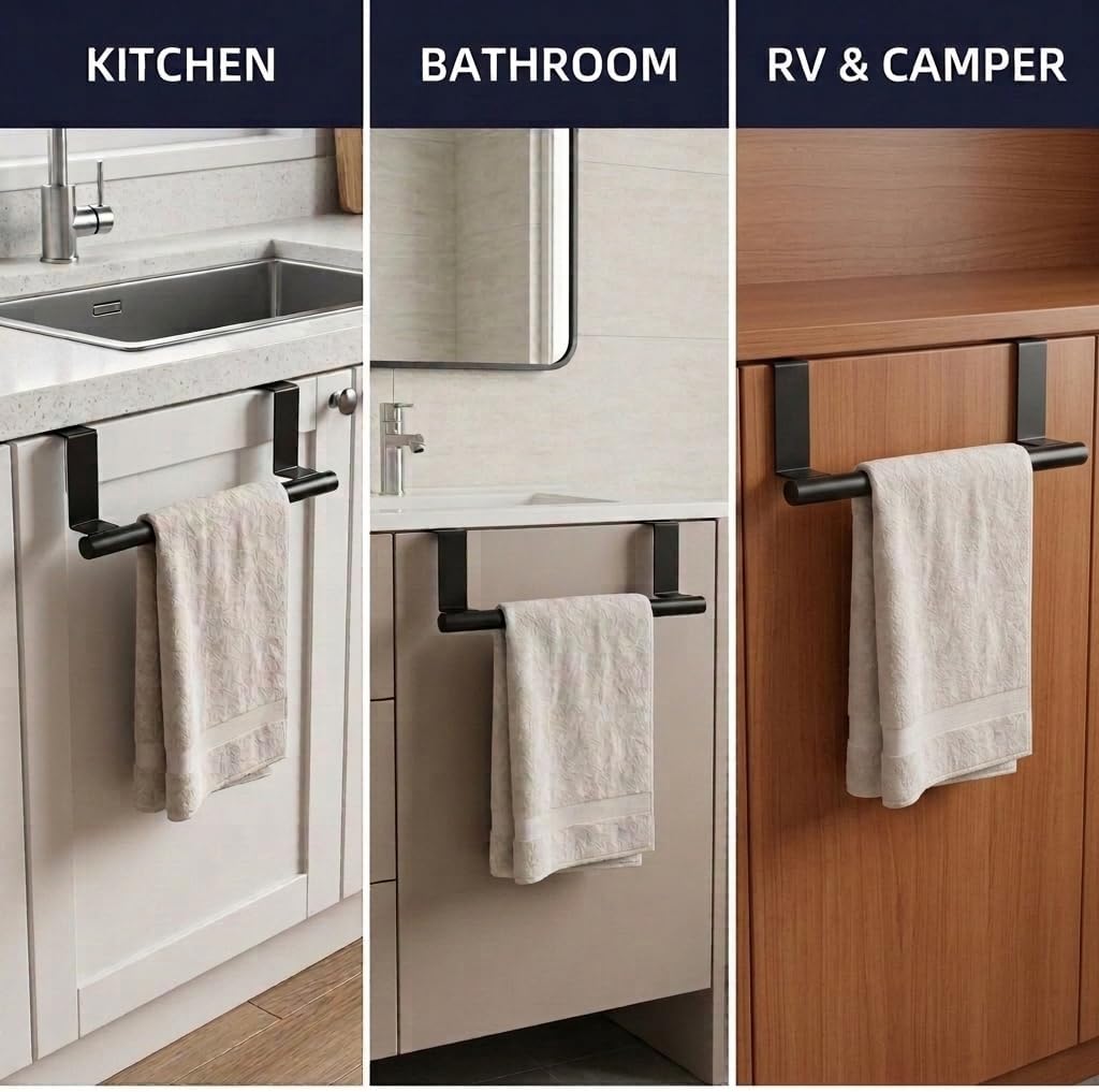 Cabinet Door Towel Bar, Kitchen Towel Holder, Matte Black 2 Pack | Extended Anti-Slip Arm, EVA Scratch Guard Pads, No-Drill Install, Stainless Steel Dish Towel Holder, Kitchen Towel Rack