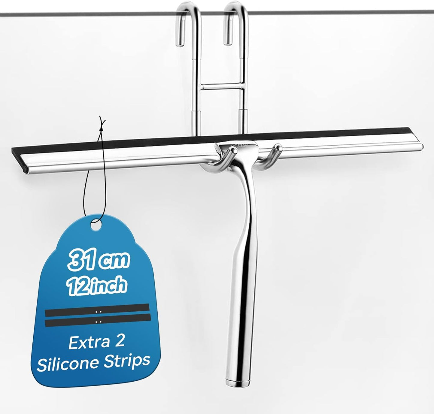 ecooe Silicone Shower Squeegee with Hanger, 13″/33cm Shower Glass Cleaner Wiper, Black Window Squeegee Scraper with Stainless Steel Core for Home Bathroom Kitchen Car Glass Doors