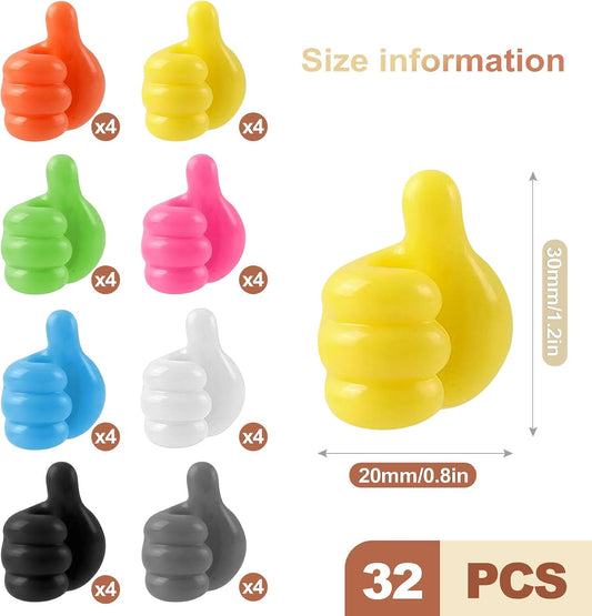 32 Pack Thumbs Up Wall Hooks Silicone Thumb Cable Clips Self Adhesive Cord Organizer for Desk Office Home Wire Management Key Holder Pencil Hanger Multi Color