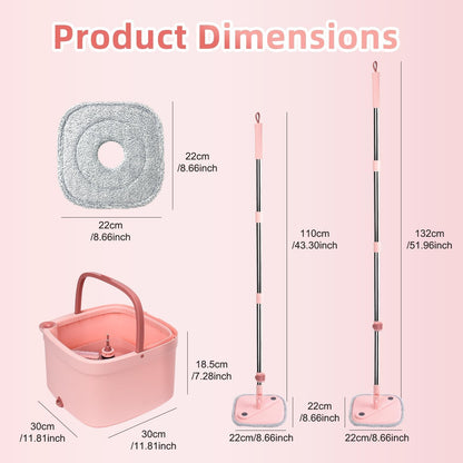 Spin Mop and Bucket Set with 2 Replaceable Microfiber Mop Pads with Self Separation Dirty and Clean Water System, Self Wringing 360° Rotating Square Mop Head for Hardwood Tile Marble Floors