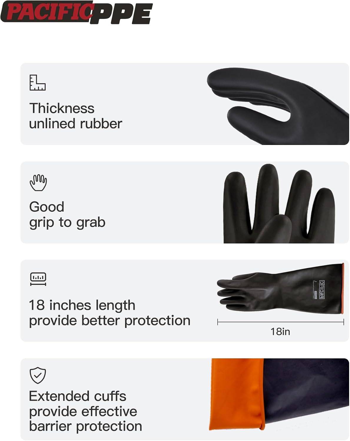 PACIFIC PPE Heavy Duty Latex Chemical Gloves, Strong Acid Resistance Rubber Gloves, Against Alkali and Oil, 22", 1 Pair