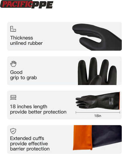 PACIFIC PPE Heavy Duty Latex Chemical Gloves, Strong Acid Resistance Rubber Gloves, Against Alkali and Oil, 22", 1 Pair