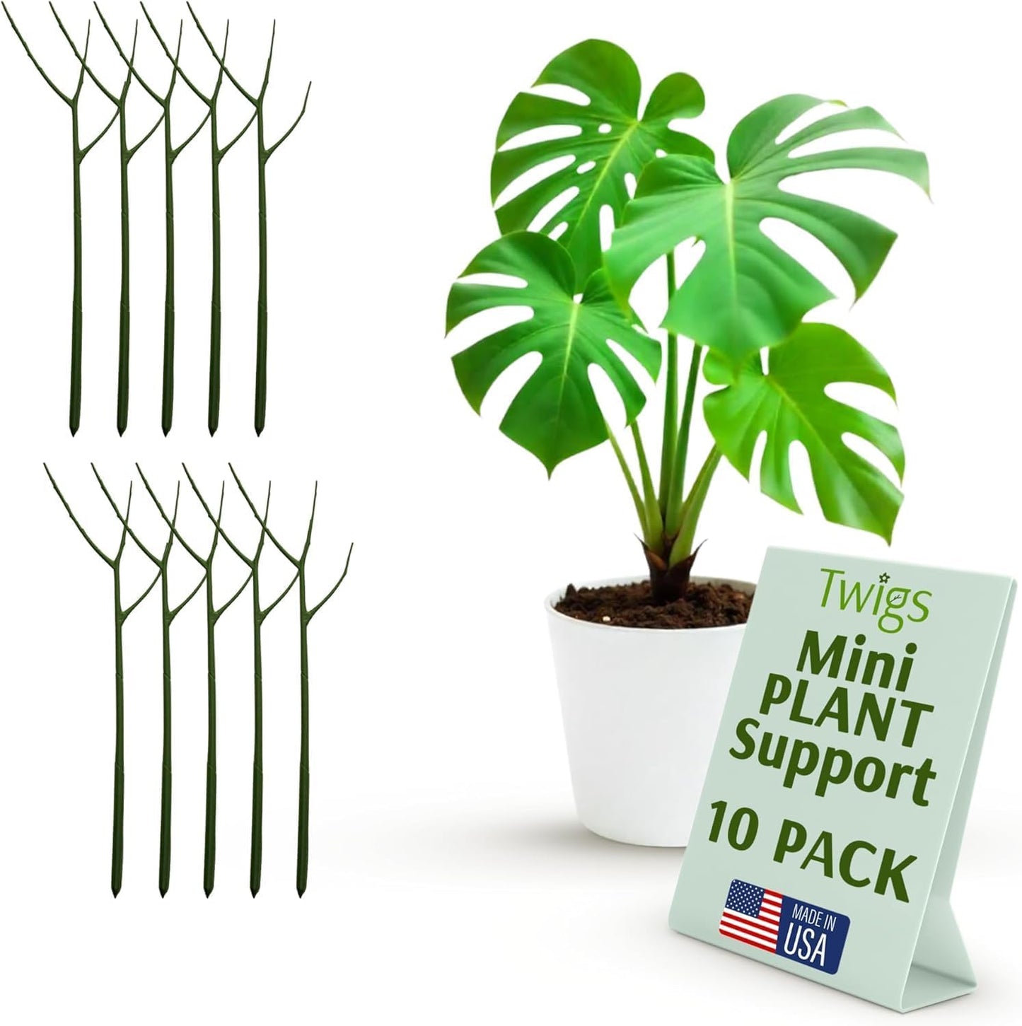 Twigs GA Mini Plant Support Stakes, Peony Light Green, 10-Pack, 12" L | Made in USA, UV-Protected Poles, Natural-Looking Stem Support Stakes, Stick Structures for Young Flowers & Vases up to 2ft