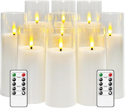 kakoya Flickering Flameless Candles Battery Operated with Remote and 2/4/6/8 H Timer Plexiglass Led Pillar Candles Pack of 9(D2.3 xH5.5 6.5" 7.5") with Realistic 3D Wick Candles for Home Decor(Ivory)