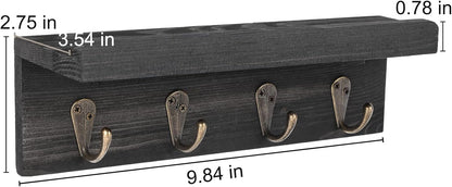 HRONRAD Rustic Key Holder for Wall, Farmhouse Wall Shelf with 4 Hooks, Wall Mounted Key Racks, Wooden Mail Organizer with Hooks for Entryway (Brown)