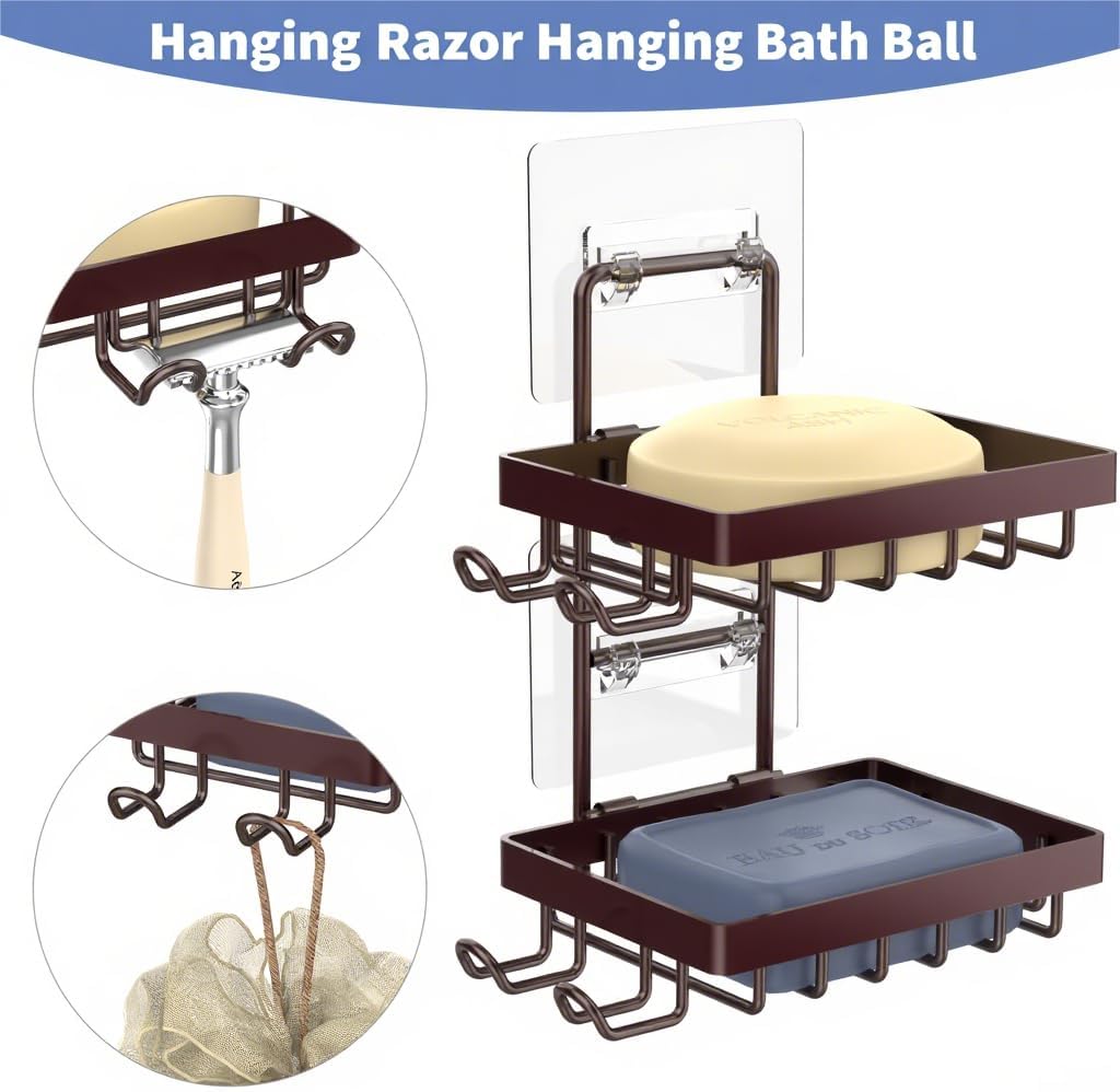 Moforoco Double Soap Bar Holder for Shower, No Drilling, 304 Stainless Steel, Wall Mounted Soap Holder with 4 Hooks and Razor Holder, Shower Rack Soap Tray Bar Soap for Bathroom Accessories Organizer