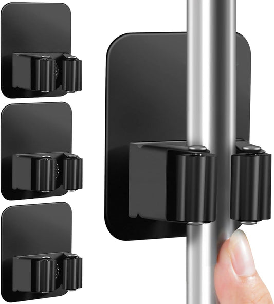 4 Pack Broom Holder Wall Mount, Improved Super Anti-Slip Mop and Broom Holder Wall Mount, Broom Hanger Gripper for Kitchen, Bathroom, Closet, Garden Garage, Black