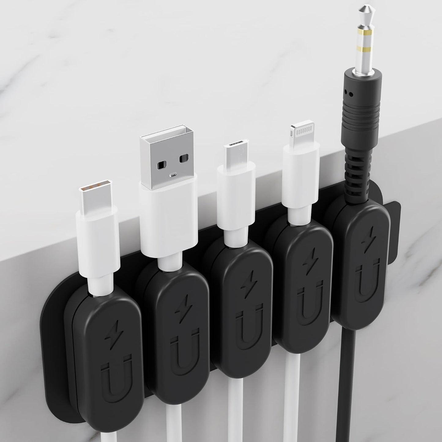 Chargeworx Magnetic Cable Clips - Cord Holder Organizer, No Drill Self-Adhesive Base, Cable Organizer, Repositionable Magnetic Clips, 5-Pack, USB-C Lightning Micro-USB, Desk Nightstand Wall Car, Black