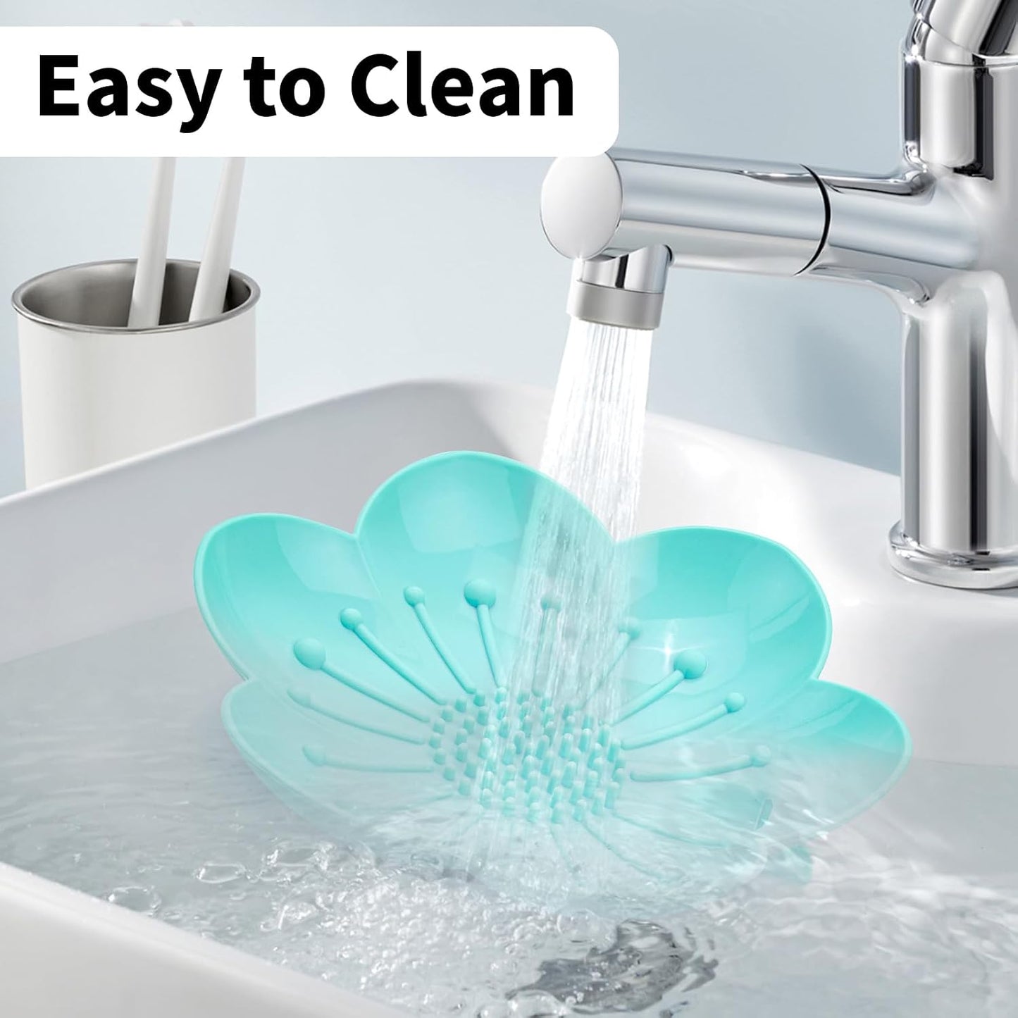 Soap Dishes 2 Pack Self Draining XL Flexible Bar Holder for Shower Steamer, Silicone Flower Soap Saver Tray for Counter Bathtub Sink Bathroom Decor with Drainage -Mirror Surface Easy Clean, Grey/Blue