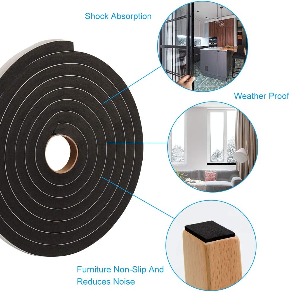 Seal Foam Tape,1/2 Inch W x 1/8 Inch T Weather Stripping for Door and Window,High Density Single Sided Closed Cell Door Insulation Weather Strip, 3 Rolls Total 50FT Black