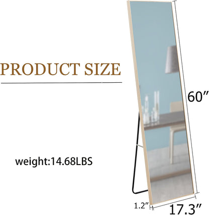 Wooden Full Length Mirror,Floor Mirror with Standing Holder Leaning/Hanging Mirror Wood Frame Large Wall-Mounted Mirror for Bedroom/Living Room,Light Oak (60x17.3)