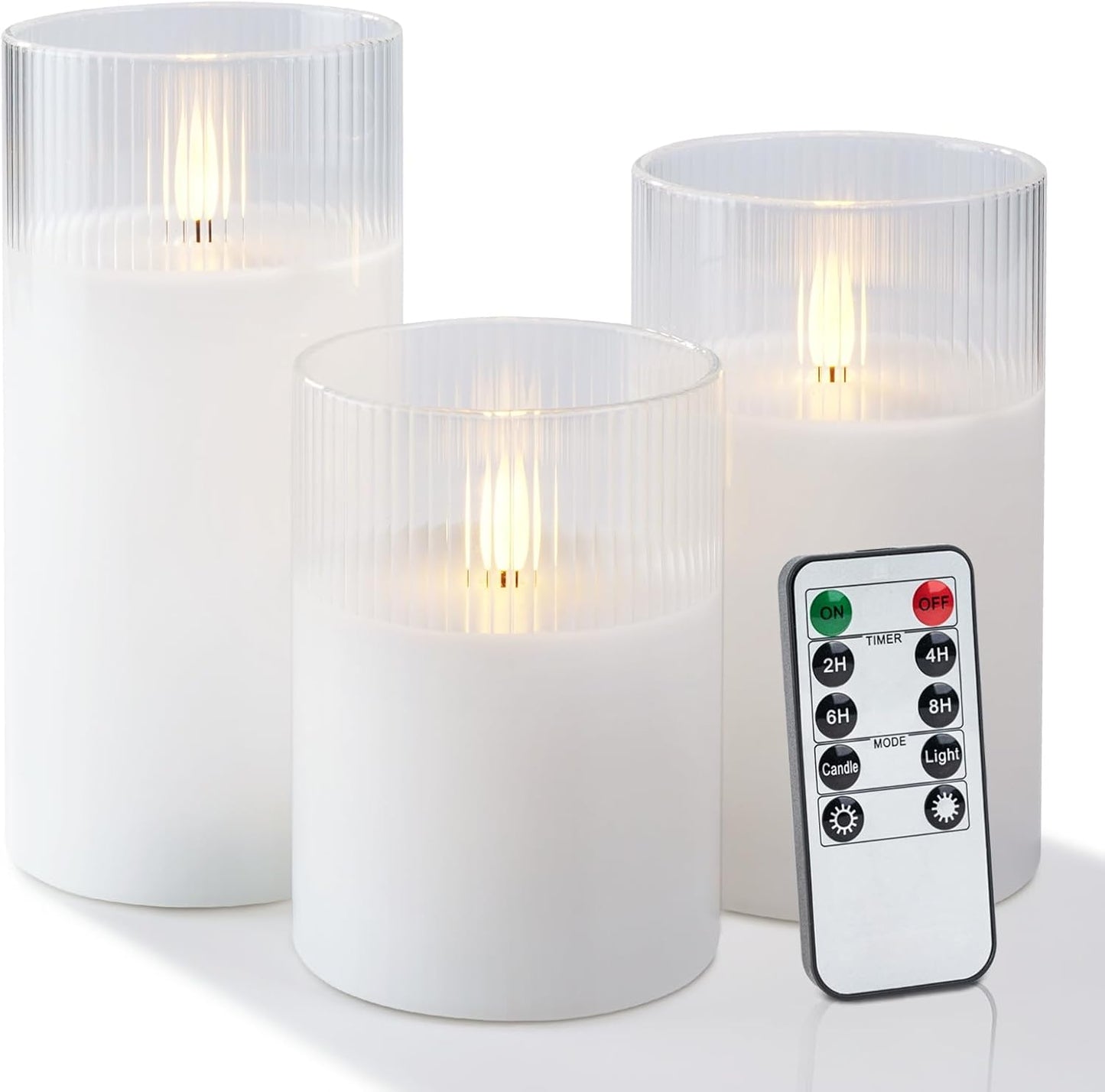 Amagic Clear Glass Flameless Candles Battery Operated with Timer, Remote Control, LED Pillar Candles, Battery Powered, Valentine's Day Decor, Pure White Wax, Set of 3