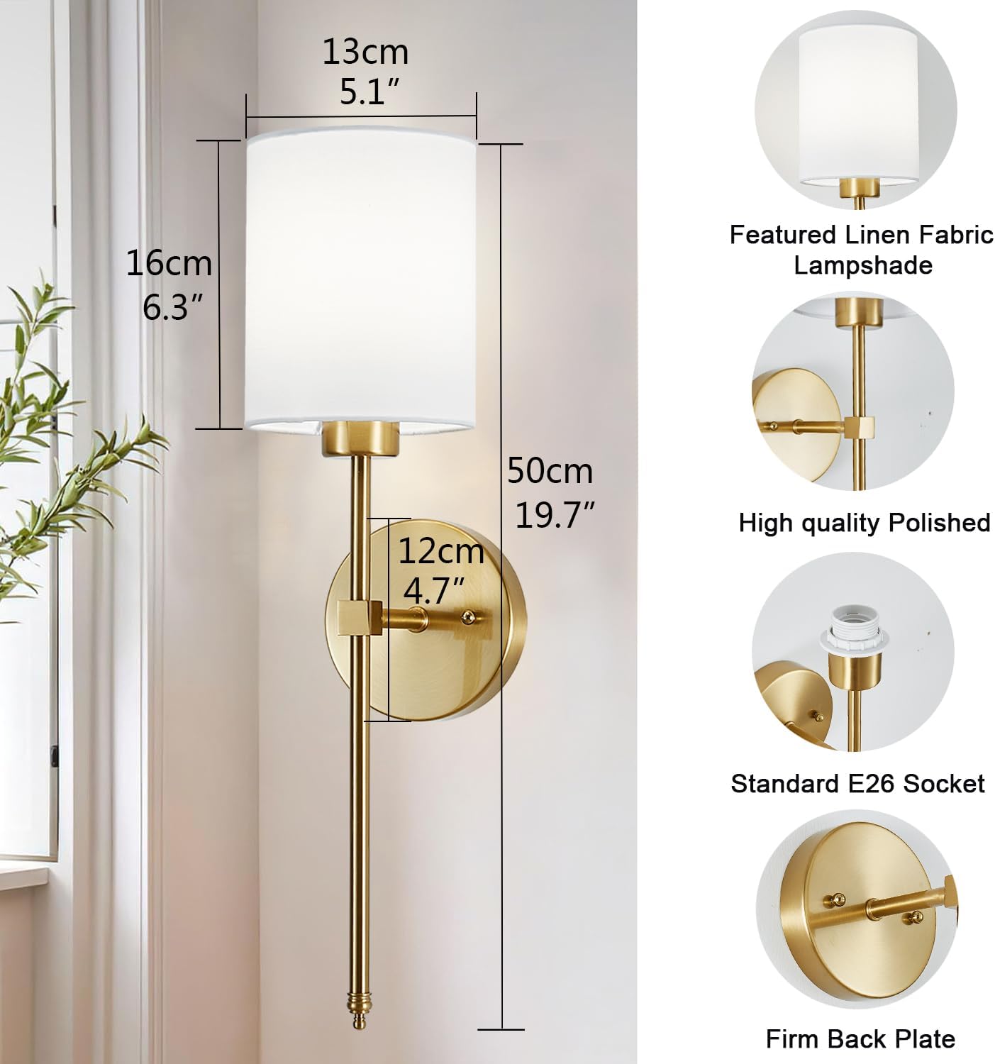 Battery Operated Wall Sconce Set of 2, Brushed Gold Rechargeable Wall Lights with Remote Control and Dimmable LED Bulbs, 13 Light Colors Wireless Wall Lamps for Bedroom Living Room Hallway (Gold)