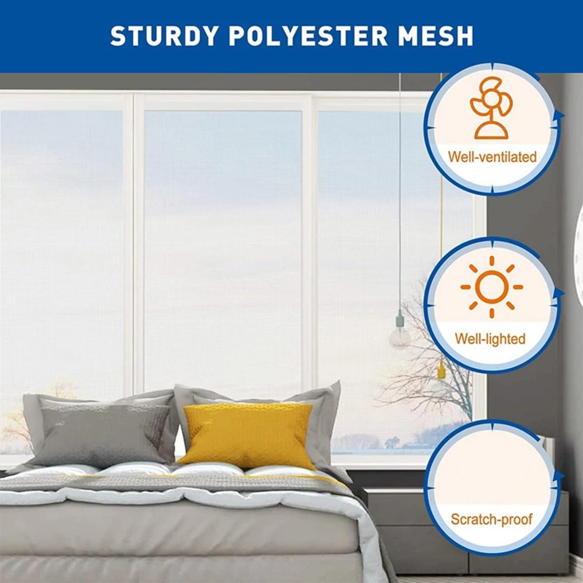 31.5" x 47.2" Self Adhesive Fiberglass Window Screen with Hook and Loop Tape, White Frame Mesh Screen Curtain Window Repair Kits