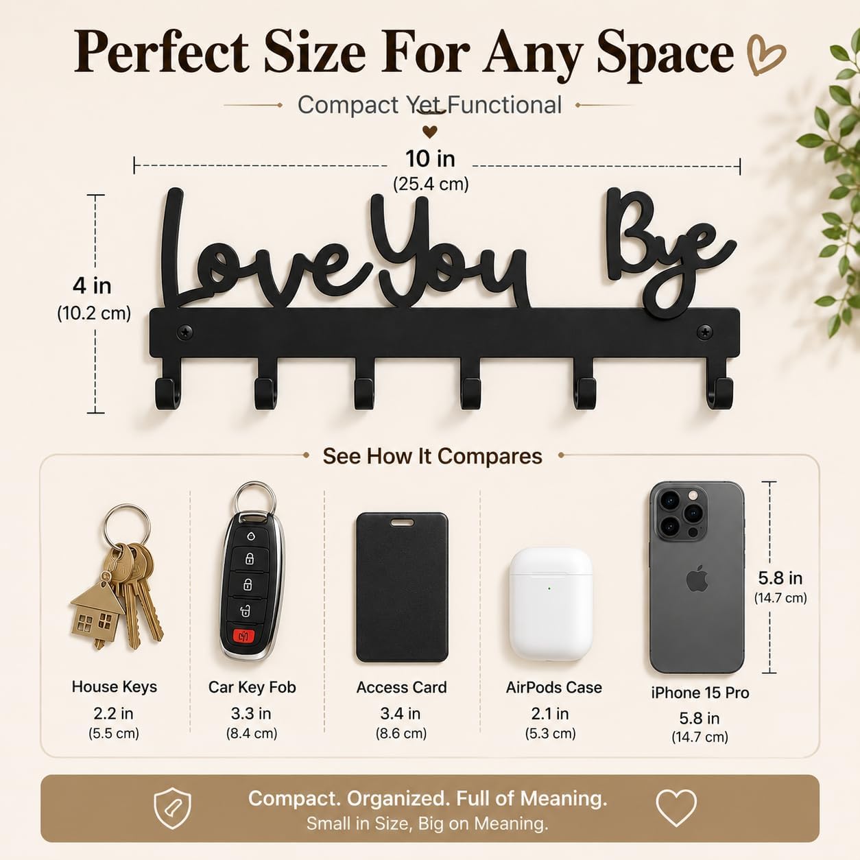 Love You Bye Sign Key Holder Hook Wall Mounted Key Holder Rack Organizer Hanger with 6 Hooks for Wall Express Love Art Decor for Entryway Front Door Kitchen Hallway Office (Love You Bye)