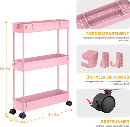SPACELEAD Slim Storage Cart 3 Tier,Bathroom Organizer Rolling Utility,Mobile Shelving Unit Slide Out for Office, Kitchen, Laundry Room & Narrow Places，Green